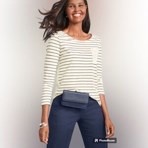 Talbots Women's Knit White Striped Polka Dot Tee X-Small 100% Cotton 3/4 Sleeve